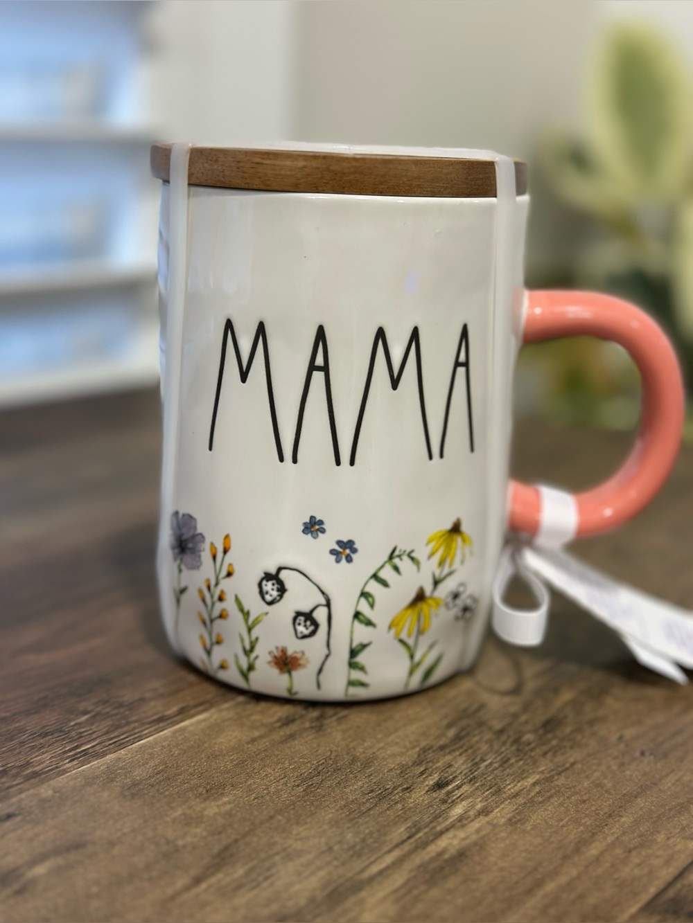 Rae Dunn MAMA Floral Mug w Wood Lid Coral Handle Artisan Collection NWT
